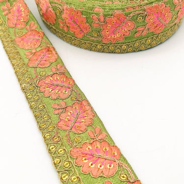 Green Trim with Floral Embroidery Peach Embroidered Leaves Trim, Decorative Trim, Indian Border